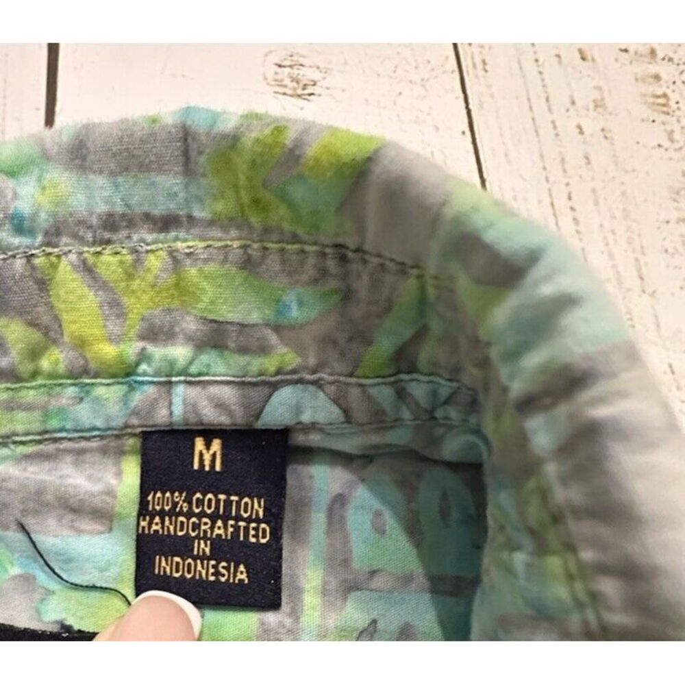 Pete‎ Huntington Bali Handcrafted Green Blue Hawaiian Shirt Size Medium Popover - Picture 8 of 9